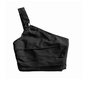 NWT- ZARA Crop Top One Shoulder Linen Blend Black Ruched Sz Large